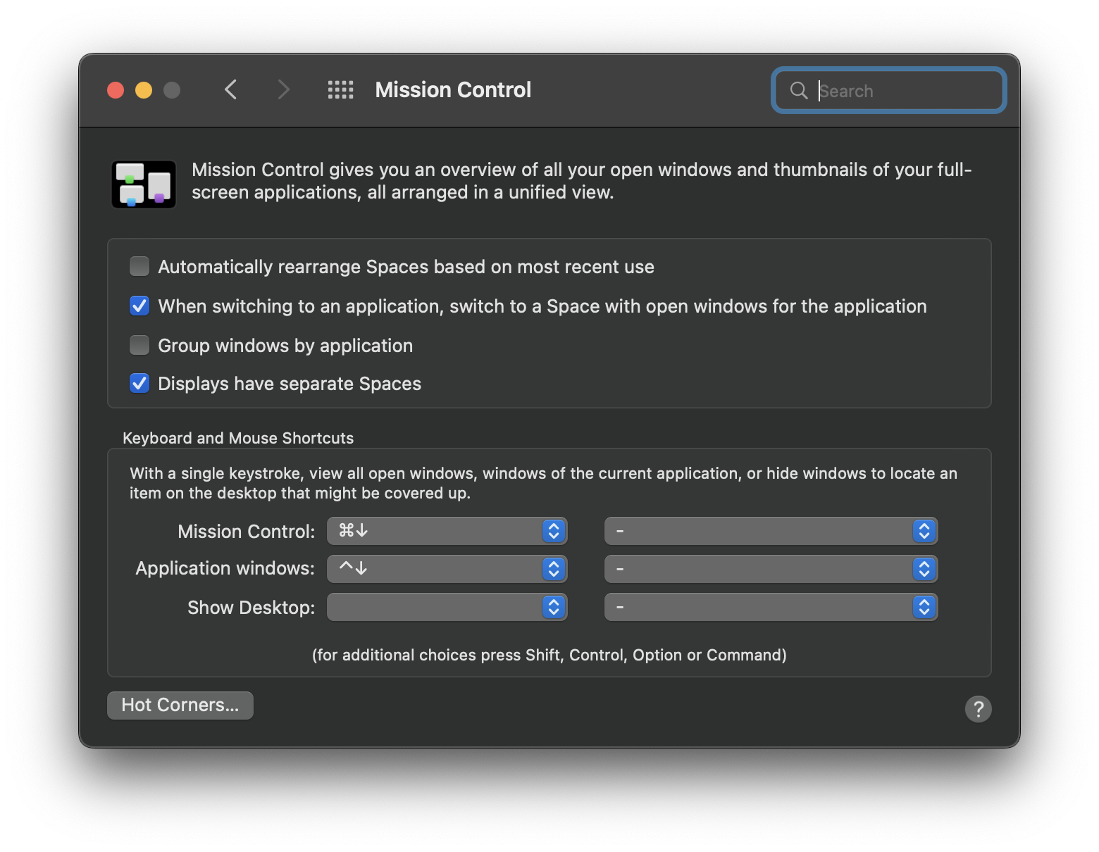 Figure 2: Mission control settings for yabai