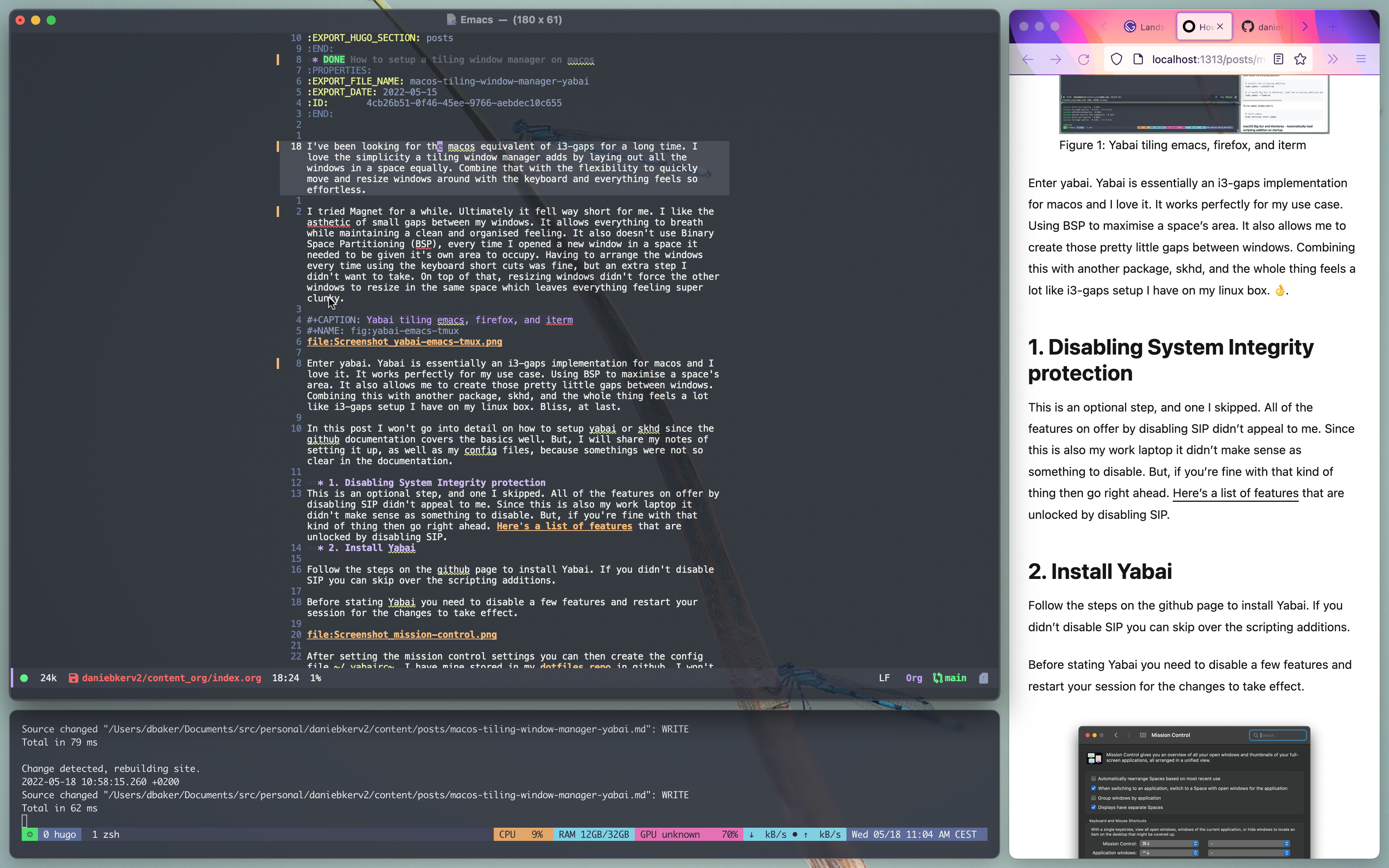 Figure 1: Yabai tiling emacs, firefox, and iterm